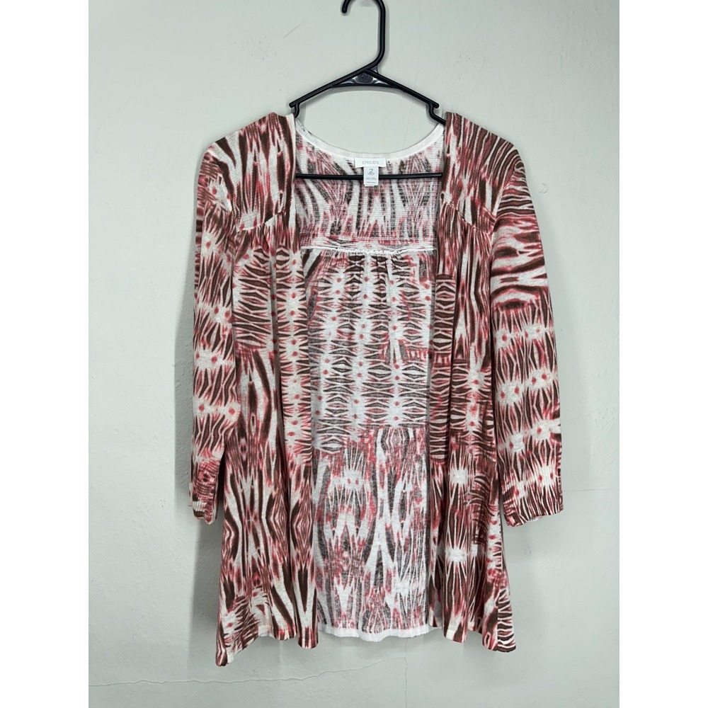 Chico's Cardigan Womens LARGE Multi Aztec Linen Blend Long Sleeve Open Front